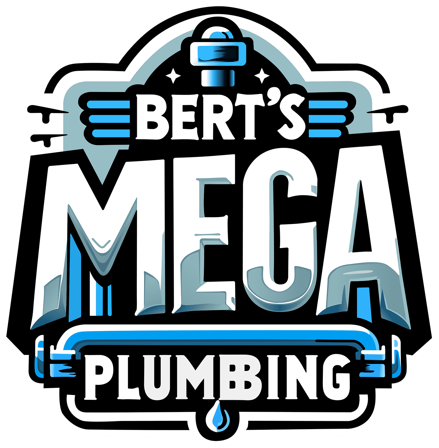 berts-logo-clean-1440 Logo for Bert's Mega Plumbing featuring bold text and stylized pipes.